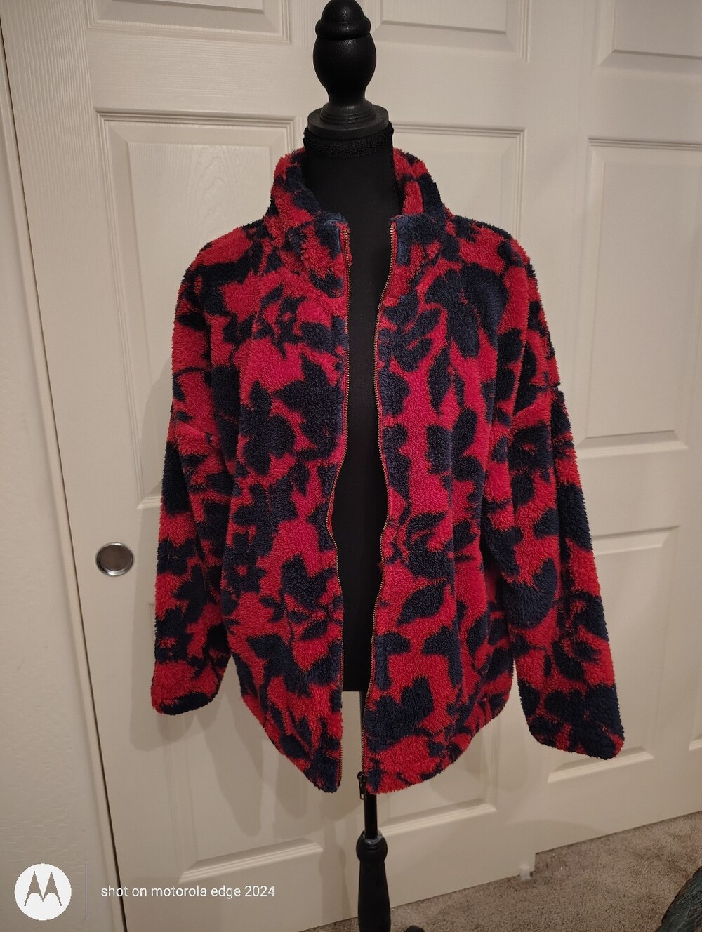 Fluffy Red/Navy Bomber Jacket. New. Soft, Fuzzy, Lite Weight.